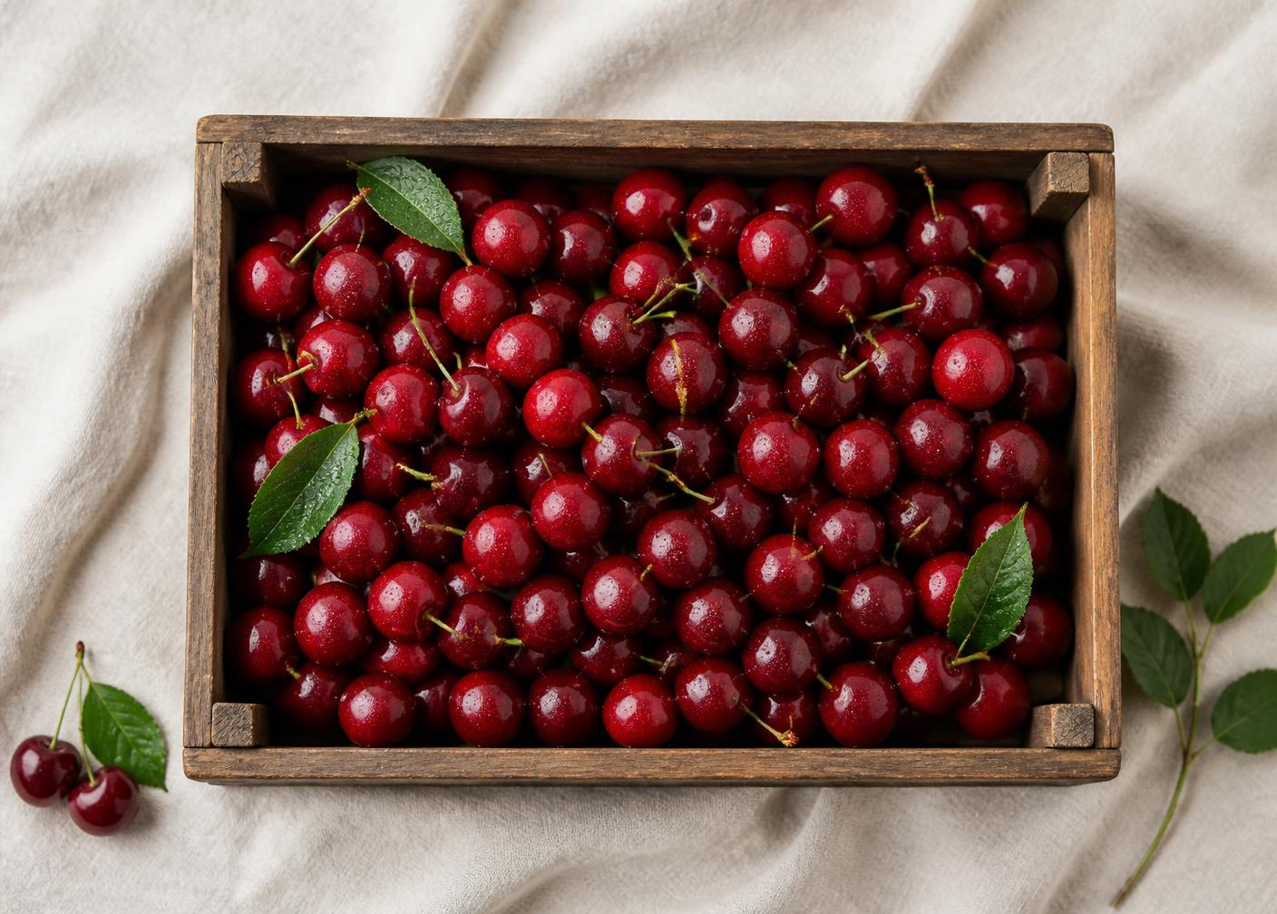 A wooden box overflowing with fresh Cerina cherries