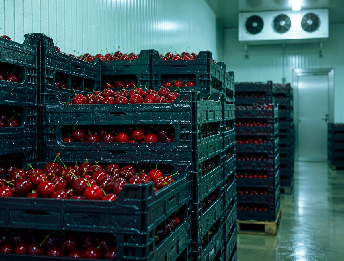 Crates of cherries in chilled storage