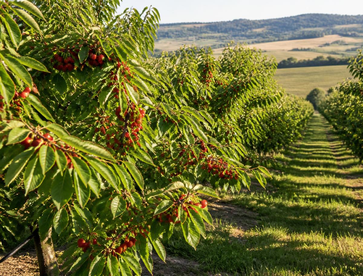 Rows of cherry trees at the Cerina orchard in Young, NSW