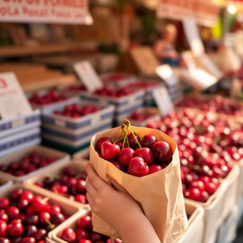 Bag of cherries at the market stall