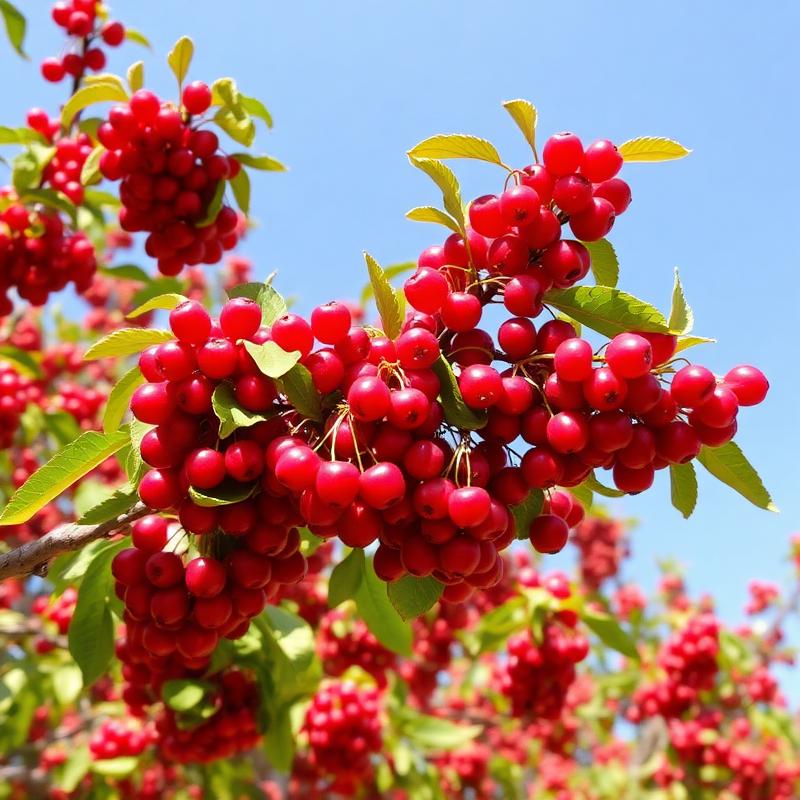 Cherries ripening on the branch