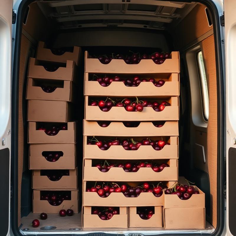 Boxes of cherries packed in the delivery van